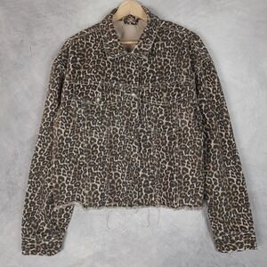 Free People Jacket Womens Large Brown Leopard Denim Raw Hem Cropped Trucker
